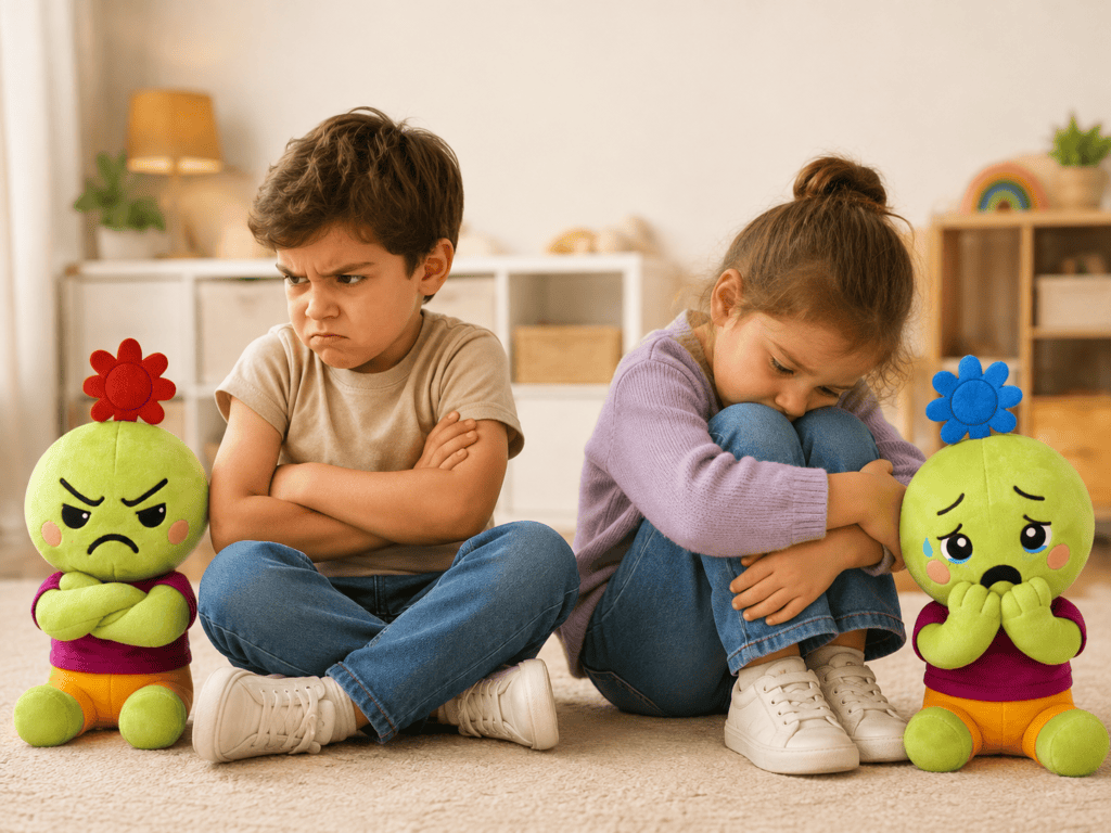 Niños aprendiendo a gestionar el enfado y la tristeza con los peluches emocionales de LUMO